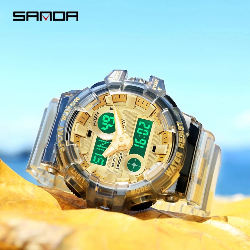 SANDA NEW Fashion Transparent Sport Mens Watch Casual Military Quartz Wristwatch Waterproof Student Clock relogio masculino 3100