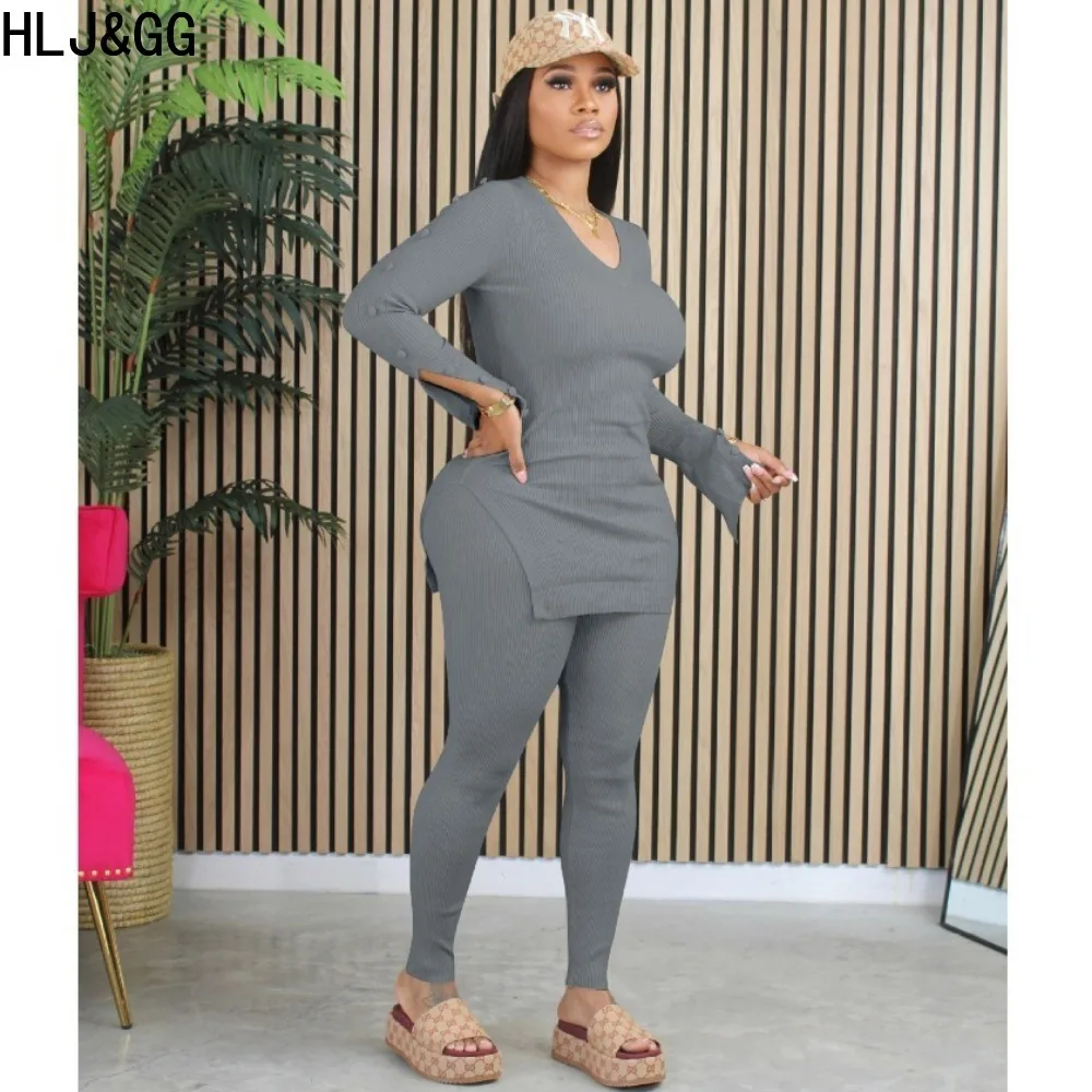 HLJ&GG Autumn Casual Ribber Solid Two Piece Sets Women V Neck Long Sleeve Top And Skinny Pants Tracksuits Female 2pcs Outfits