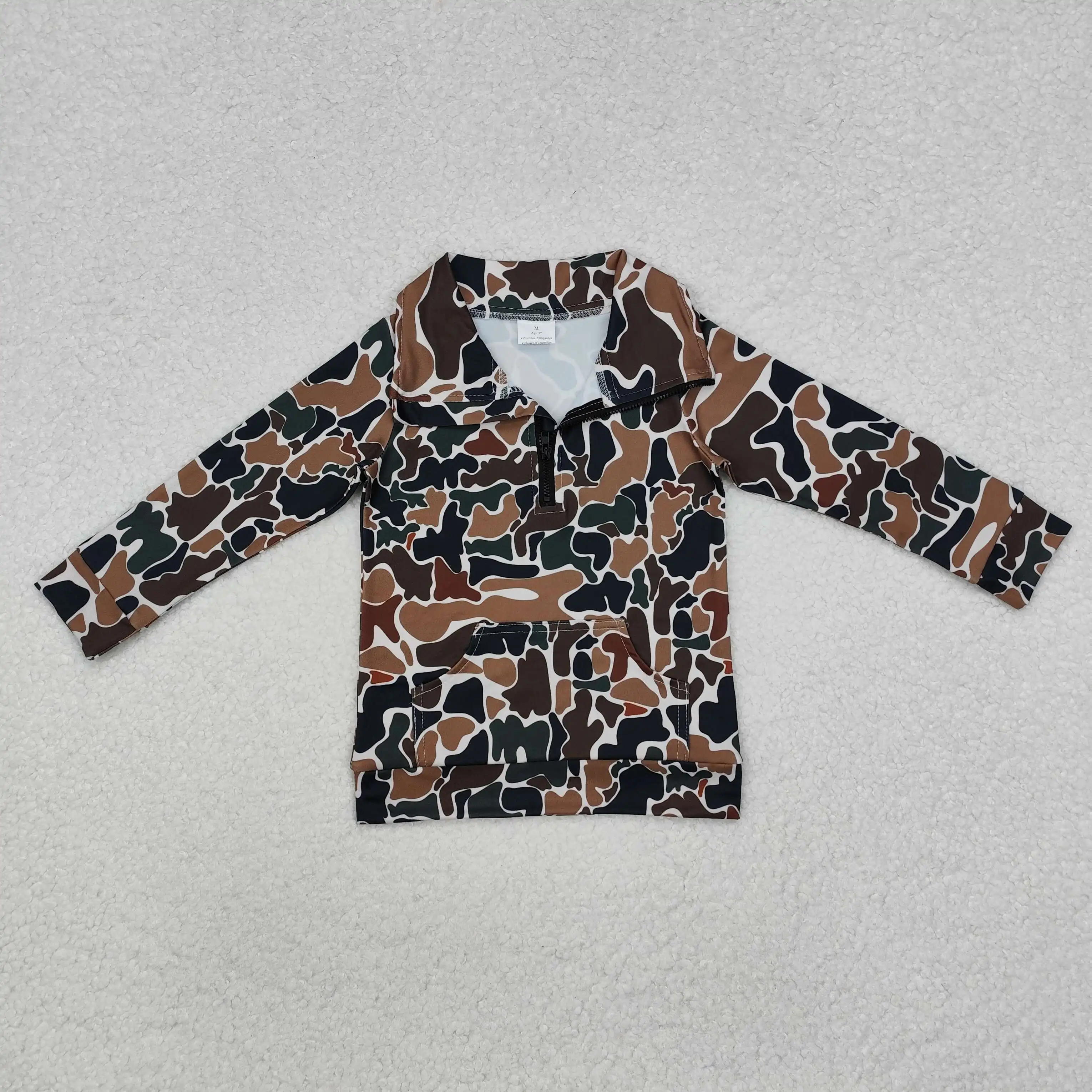 BT1037 Summer baby boy clothes Pocket camouflage light brown zippered long sleeve top Boutique kids clothes boys