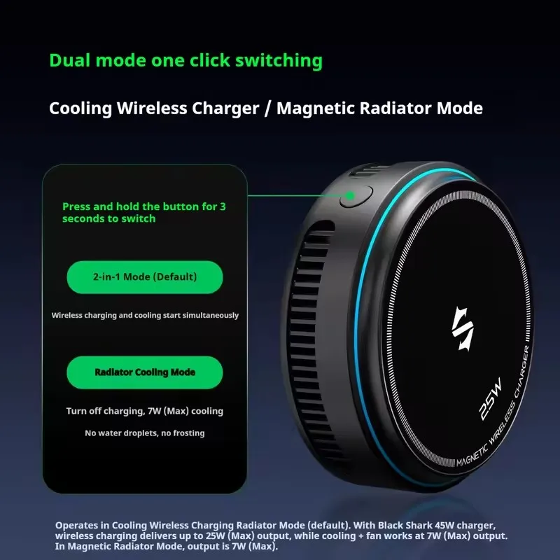 오리지널 블랙샤크 25W MAX 마그네틱 무선 충전기 2-IN-1 휴대폰 쿨러 AI 온도 제어 라디에이터 최신 버전