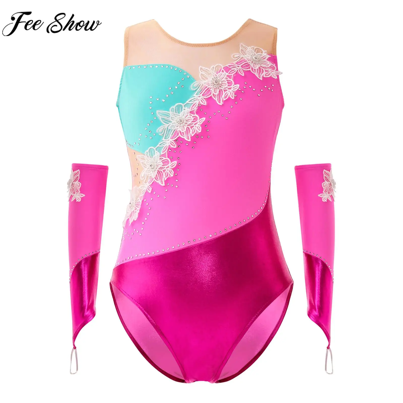 

Child Girls Figure Skating Clothes Ballet Gymnastics Leotard Sleeveless Shiny Rhinestone Bodysuit with Sleeves for Lyrical Dance