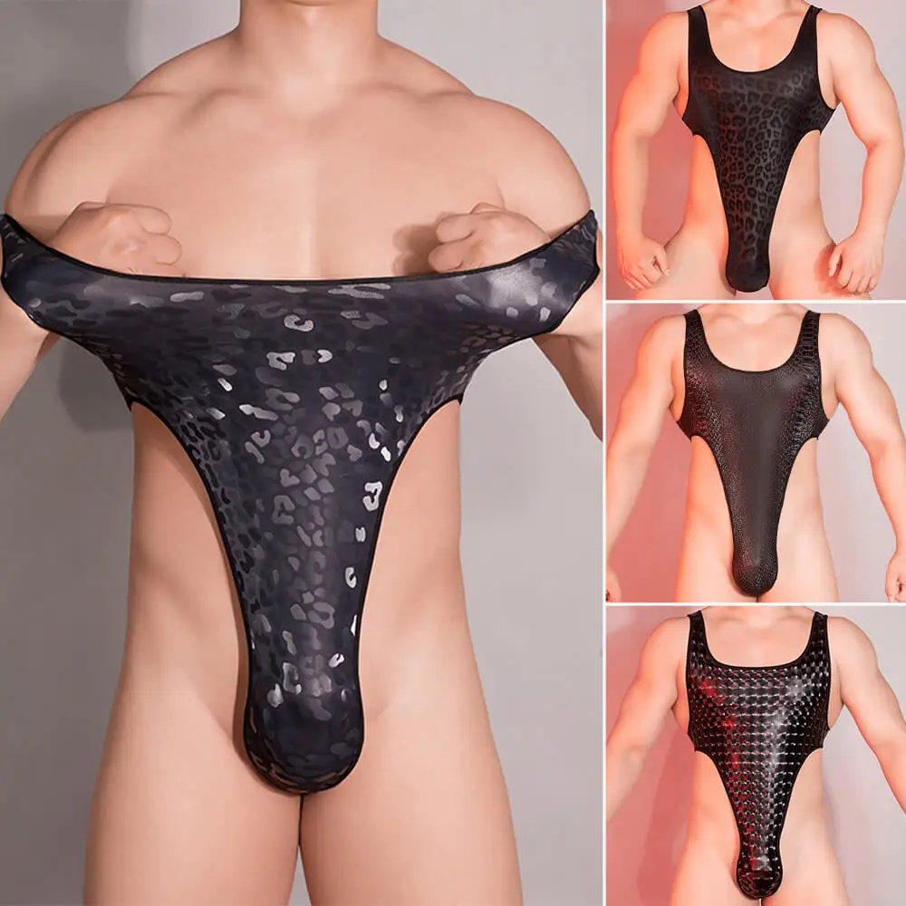 Men's Shiny Wetlook Mankini Briefs Bodysuit Sexy Tank Top Thong G-String Leotard Stretch Wrestling Singlet Catsuit Underwear