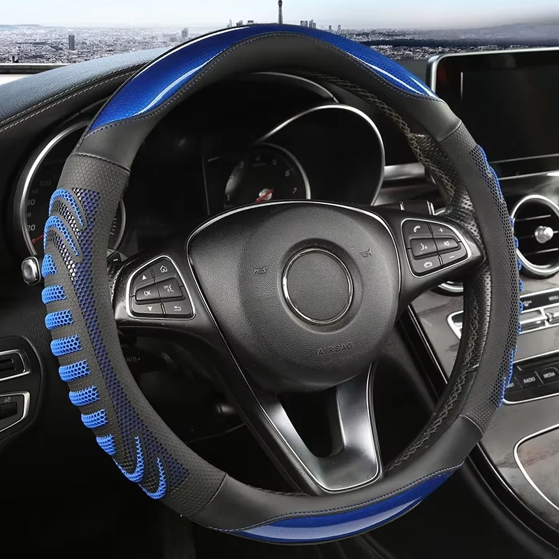Three-dimensional Honeycomb Steering Wheel Cover Durable Leather Cover with Anti-slip Linning Universal 14.5-15in
