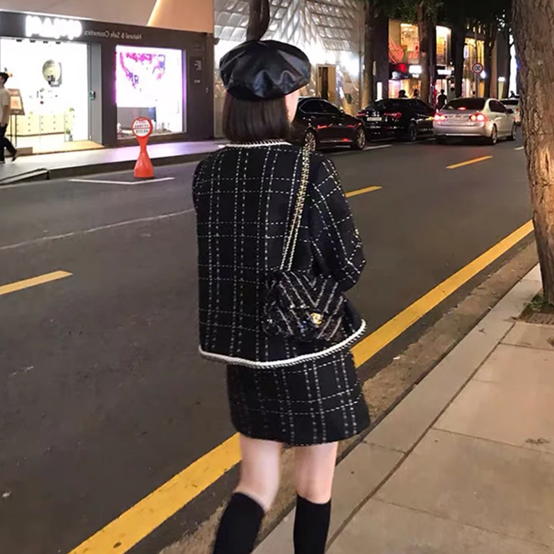 بدلة نسائية من التويد موضة 2023 جديد ربيع الخريف جاكيت صوف + تنورة نسائي تنورات من التويد فضفاضة طقم مكون من قطعتين