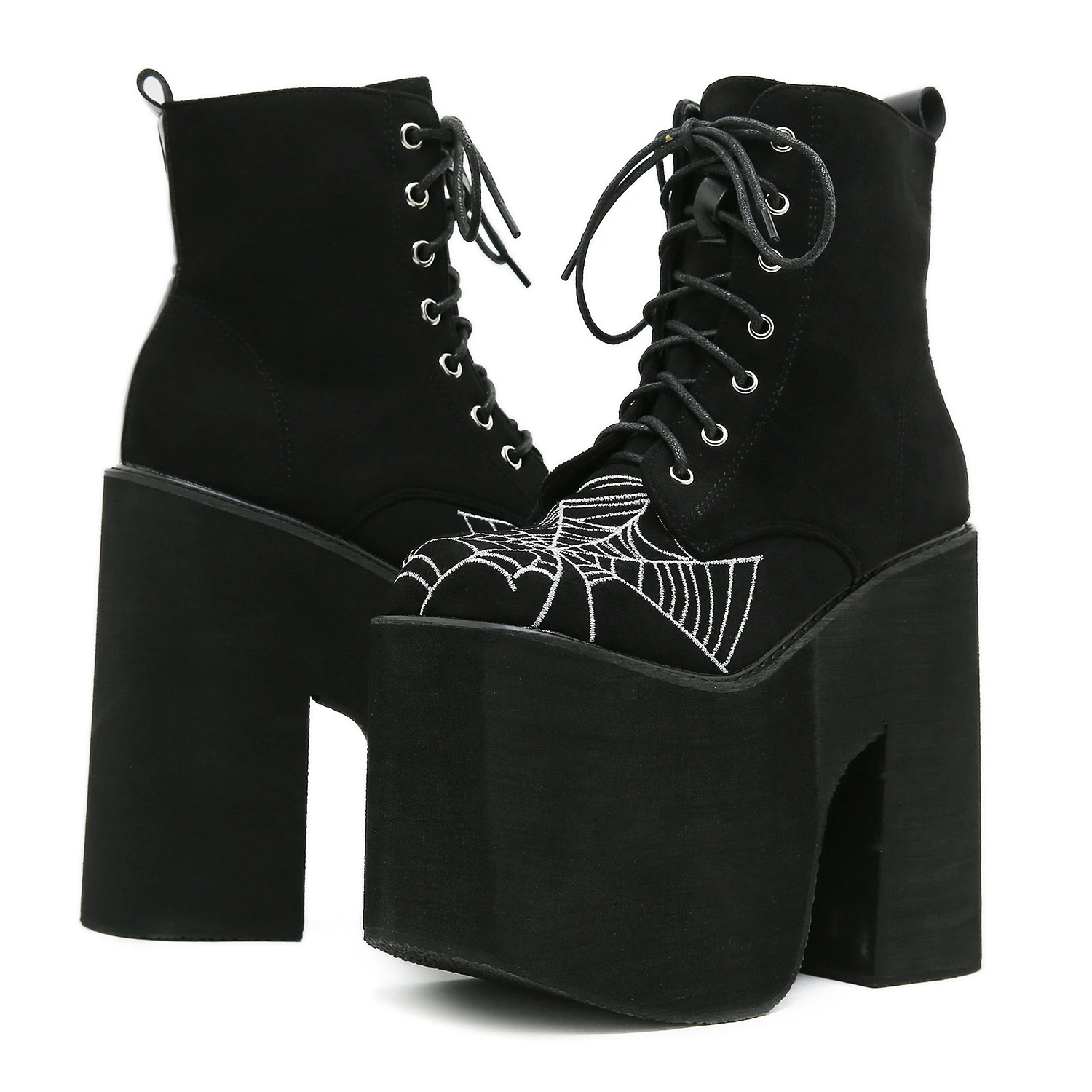 Gdgydh Damenstiefel, Goth, Spinnennetz, bestickte Schuhe, Stiefeletten mit hohem Absatz, hohe Plattform, Qualität, modisch, Punk, klobige Absätze, Reißverschluss – Detail 5