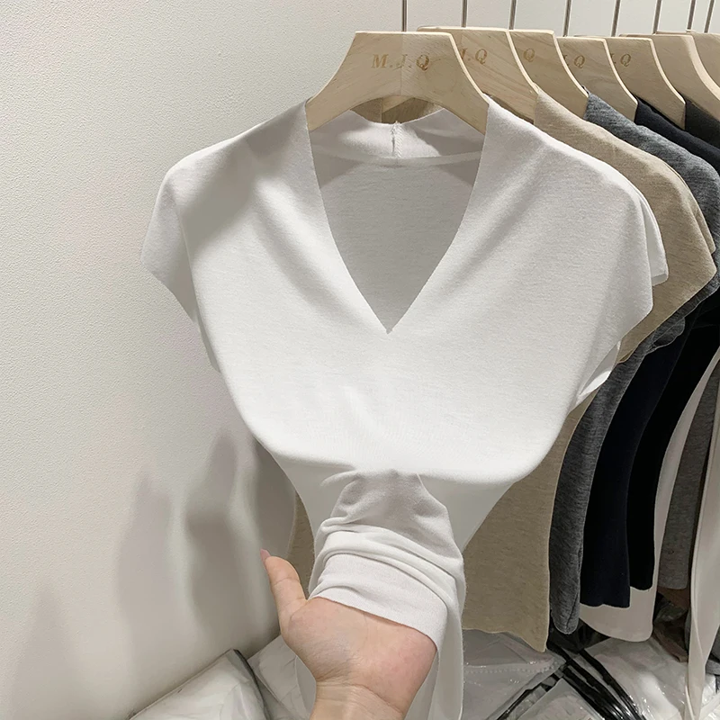 AOSSVIAO 2025 الصيف سليم صالح قاعدة تي شيرت بلون تنوعا الخامس الرقبة قصيرة الأكمام تي شيرت المرأة رداء علوي غير رسمي على الموضة 3