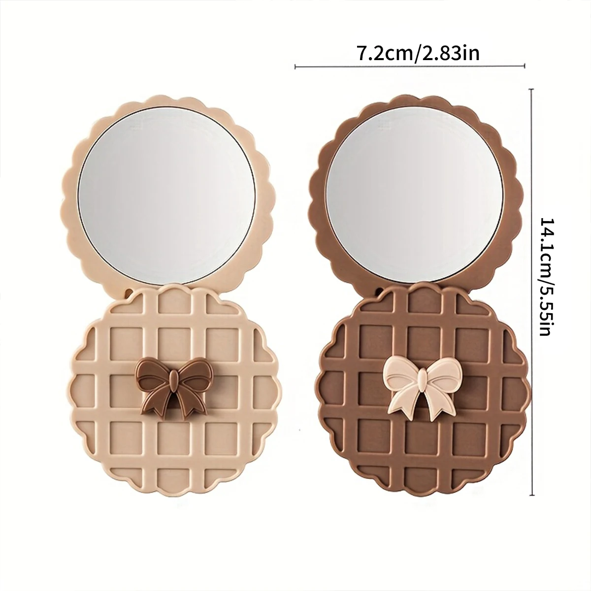 1 PCS Cute Waffle Cookie-Shaped Mirror-Portable Mini Makeup Mirror, Compact Oval Lid, Brown Beige Waffle Bow Design