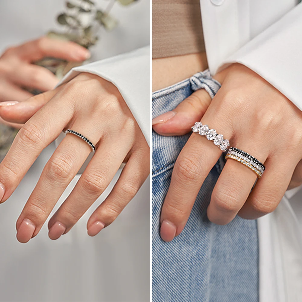 여성을위한 1.4mm 블랙 Moissanite 반지 S 웨딩 밴드 18K 화이트 골드 도금 실험실 다이아몬드 반지 파인 쥬얼리