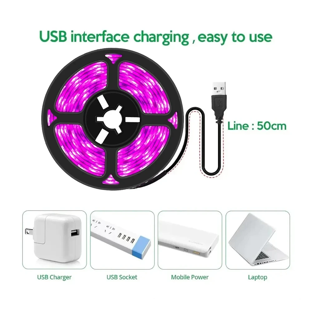 DC5V Full Spectrum Plant Grower Flower Light 1m/2m/3m/5m/10m USB Interface SMD Flexible Tape Suitable for Indoor Seedlings Seeds