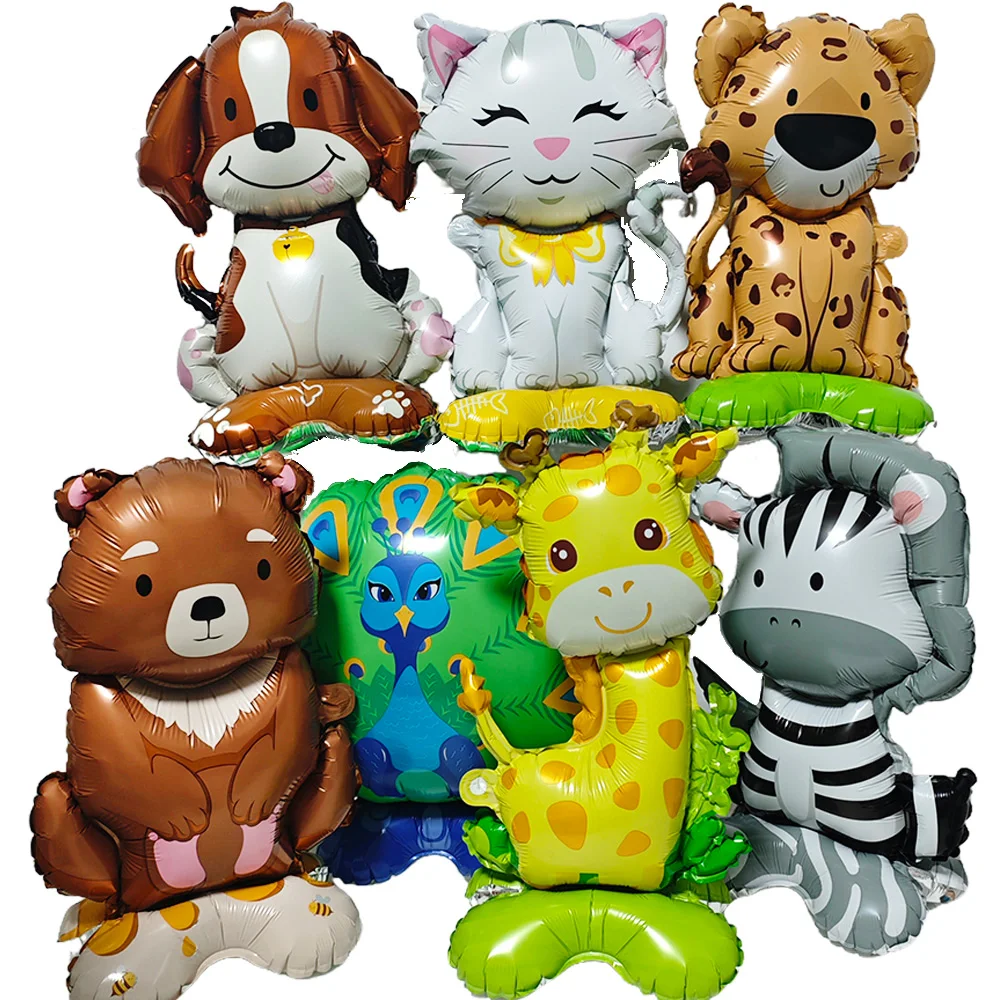 Cartoon-Tier Stehende Ballons Dschungel-Safari Löwe Zebra Leopard Hase Pfau Giraffe Ballon Kinder Geburtstag Dekoration Ballon
