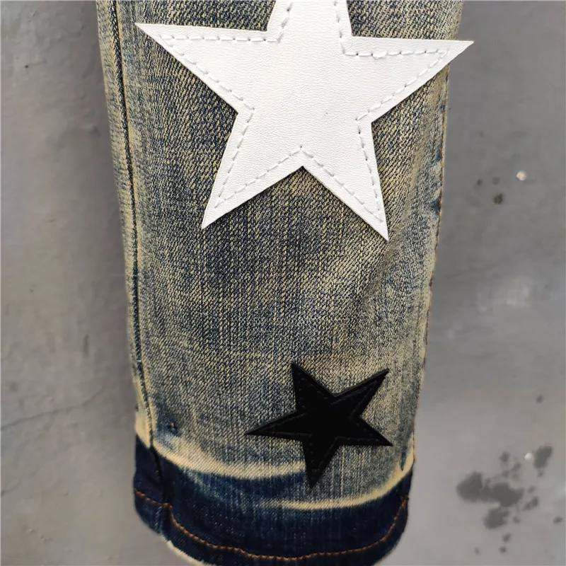 Men Jean Hole Patch Ripped Jeans Stretch Pencil Pant Streetwear Elastic Hip Hop Star Pattern Jean men jeans ripped jeans ripped patchwork jeans