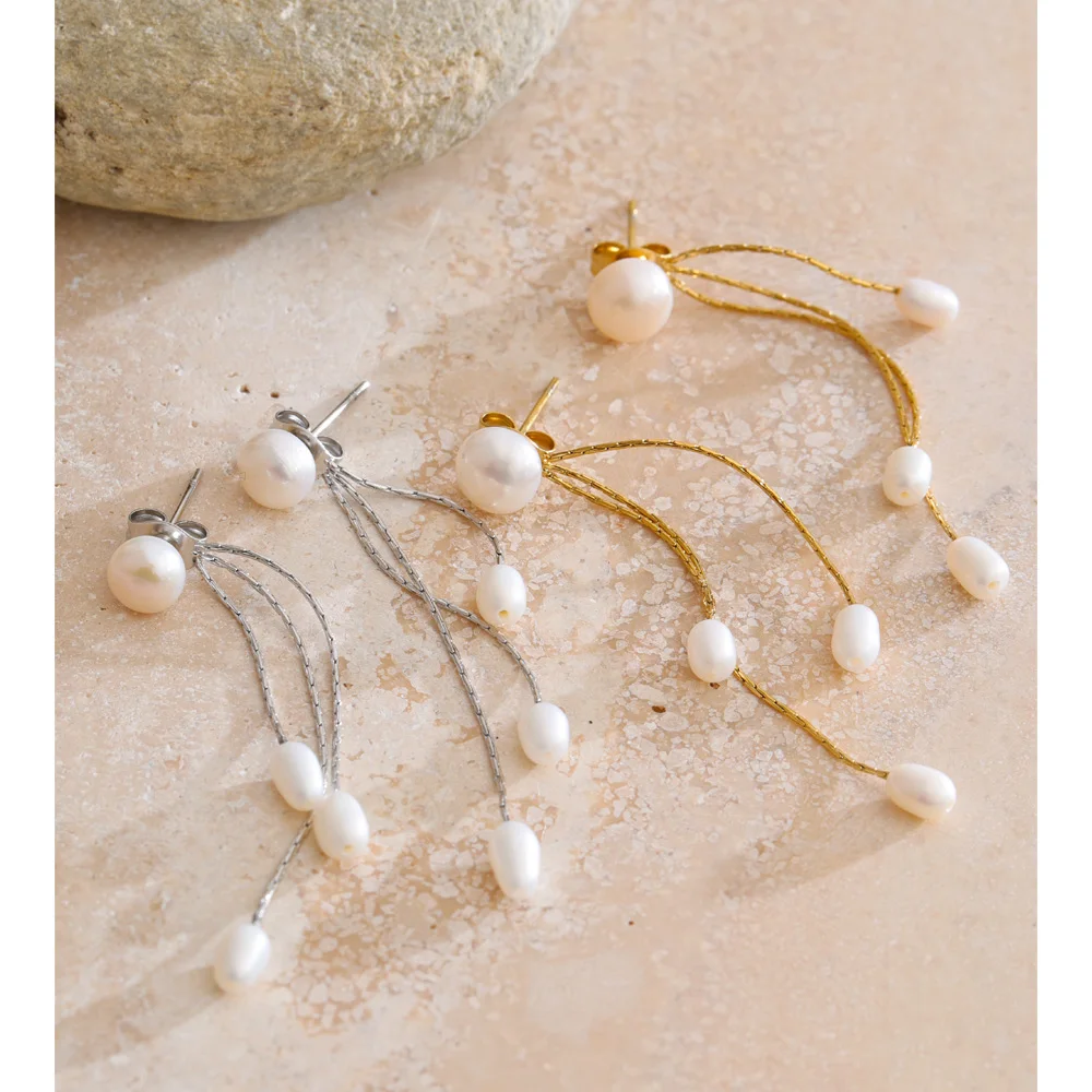 Yhpup Earrings Freshwater Pearls Chain for Women