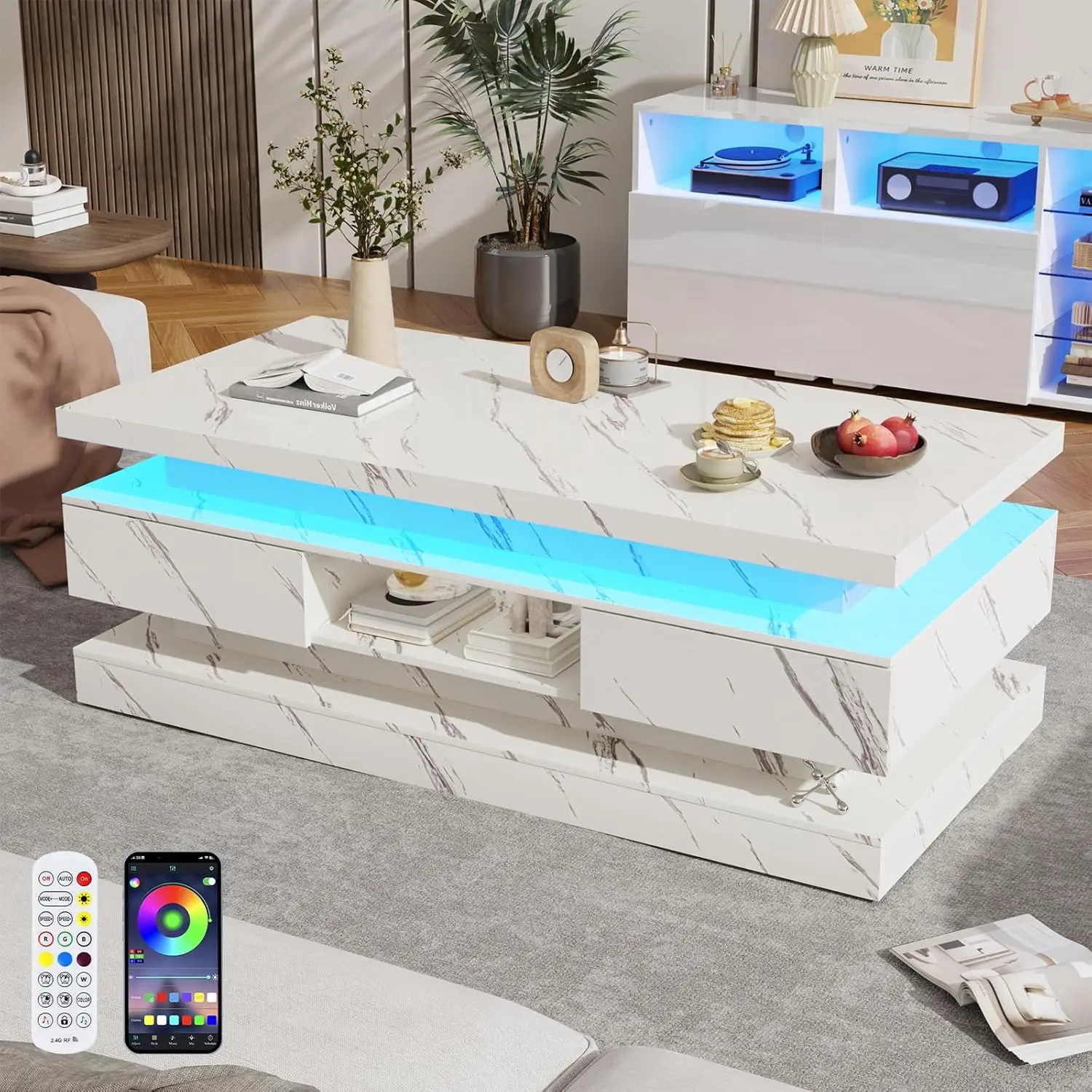 47.2 inch Modern High Glossy LED Coffee Table with 2 Sliding Drawers, Double-Layer Center Tables with LED Lights