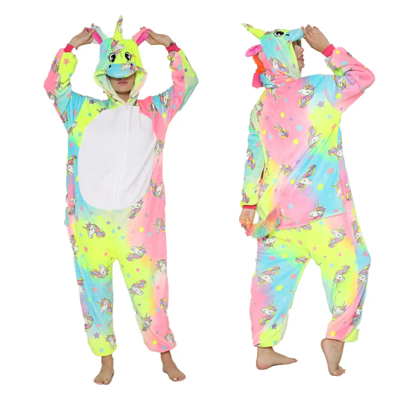 For Adult Rainbow Sleepwear Halloween Cosplay One Piece Pajamas Nightgowns Hooded Long Sleeve Thicken Casual Jumpsuit Tail