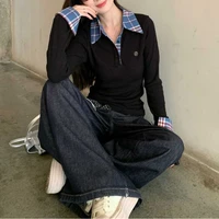 Col Polo Plaid Patchwork broderie t-shirts printemps automne faux deux pièces mince haute rue hauts mode décontracté femmes vêtements 6