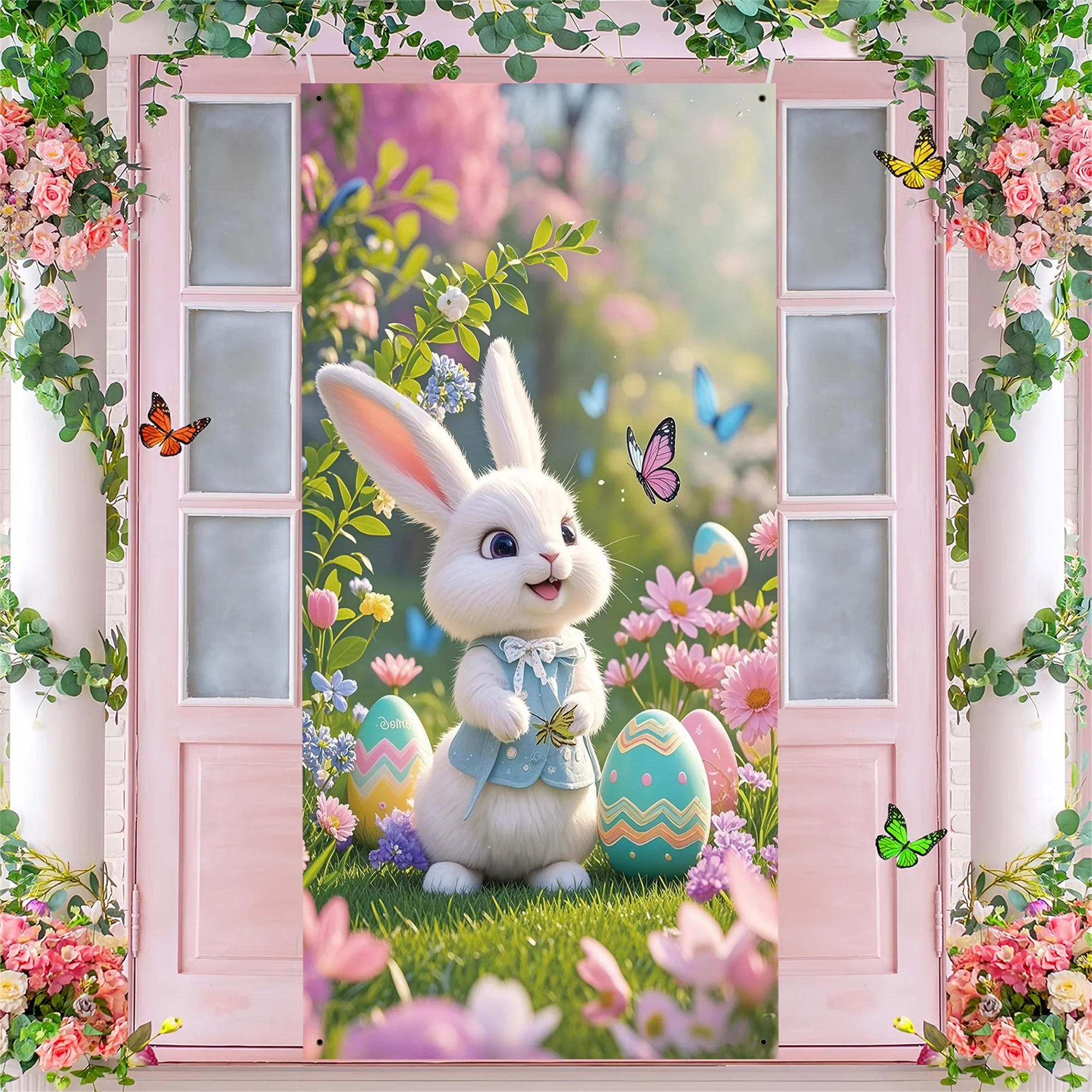 Easter Bunny Door Cover Creative Holiday Colorful Porch Banner for Home Office School Party Decor