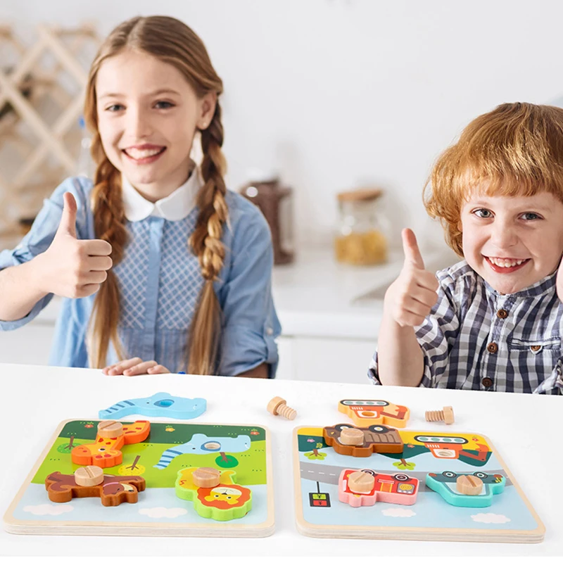 

Wooden 3d Puzzle Montessori Toys For Children Cartoon Animals Assembly Screws Matching Puzzle Early Educational Kids LearningToy