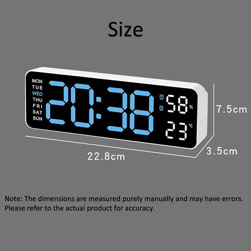 LED Digital Wall Clock Date Time Week Temperature Humidity Display Brightness Adjustable 2-Alarm Electronic Alarm Clock For Home