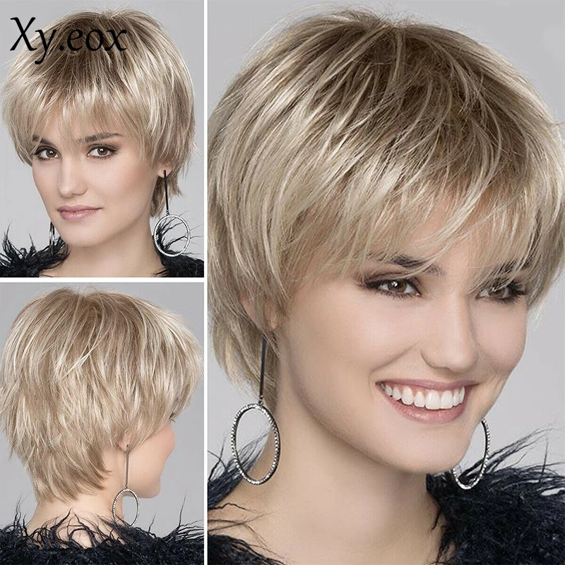 

Women's Short Cut Straight Wig Head Blonde Ombre Boycut Cosplay Wigs