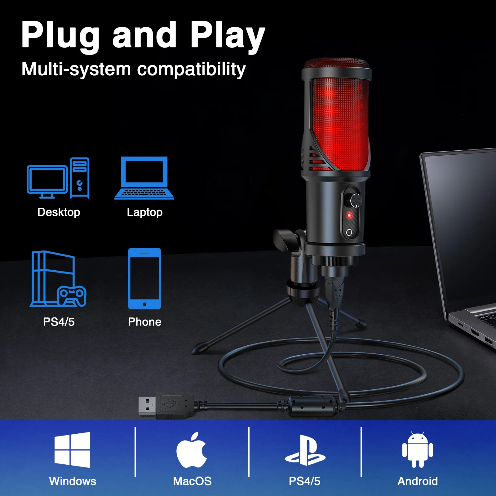 Prise en charge de trépied-JAMELO-Microphone de bureau à condensateur, USB,  pour jeux, podcast, streaming sta
