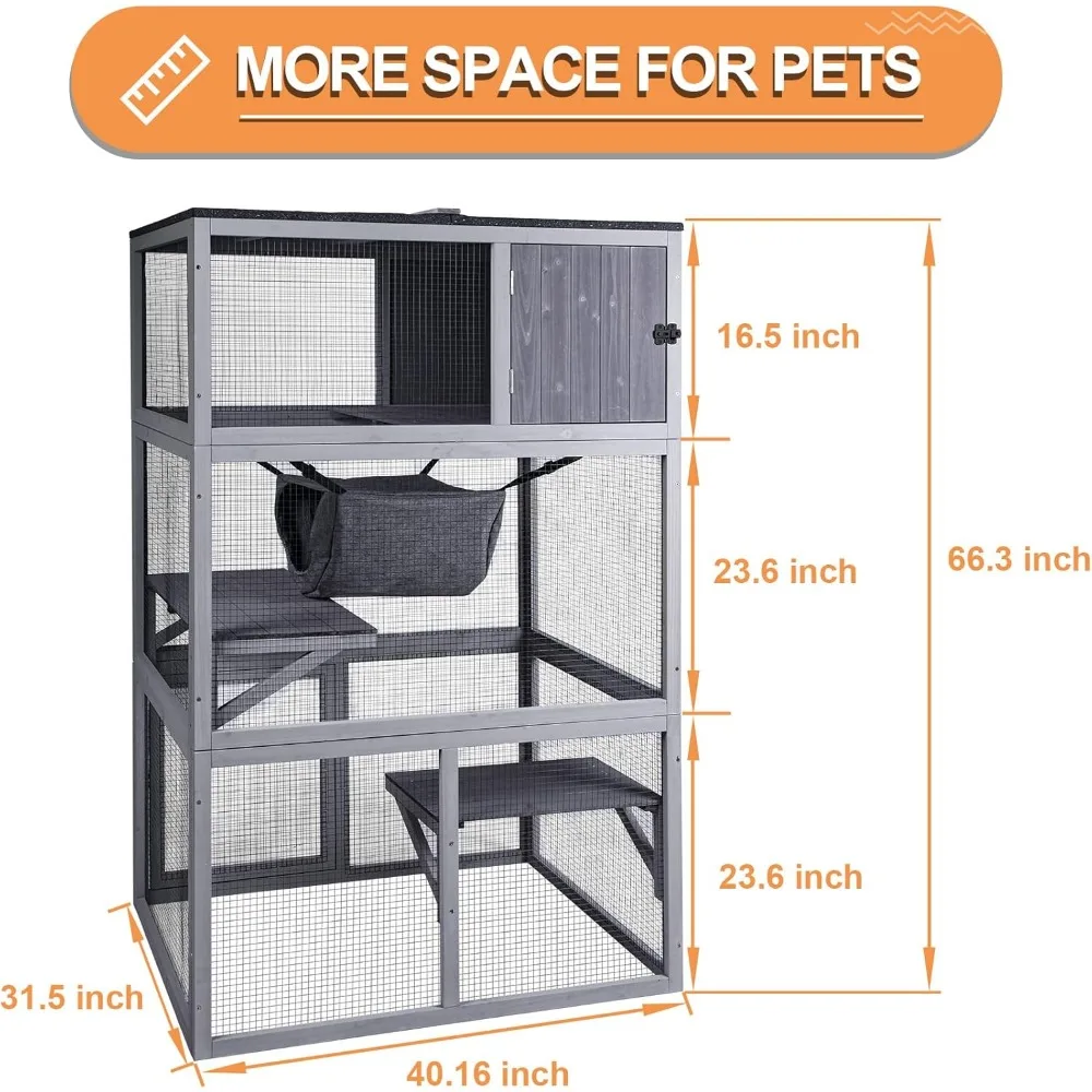 Wooden Cat House, Outdoor 3 Floors Cat Enclosure, Indoor Large Kitten playpen with Hammock，Resting Box, Cage Waterproof Roof