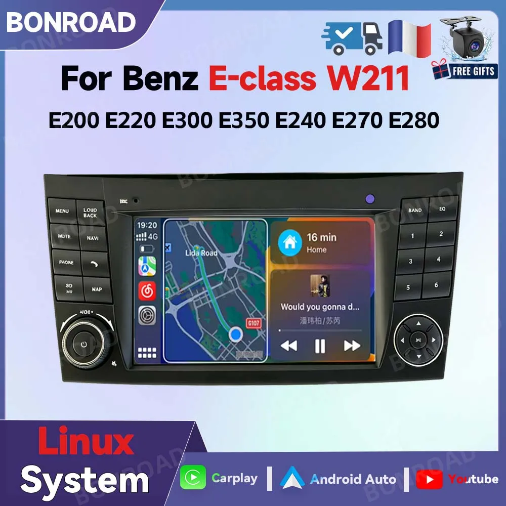 BONROAD Reproductor multimedia de radio para coche con CarPlay inalámbrico y Android Auto de 7 pulgadas para Mercedes Benz Clase E W211 E200 E270 E280 E300 E350 E240 E270 E280 W219 2002-2009 con pantalla táctil Linux DSP BT WiFi GPS MirrorLink estéreo 1