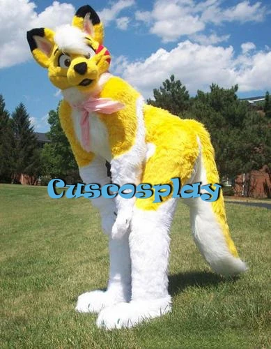 

Yellow Wolf Husky Dog Fox Fursuit Mascot Costumes Long Fur Furry Mascot Fancy Party Dress Halloween Costumes Adult Size