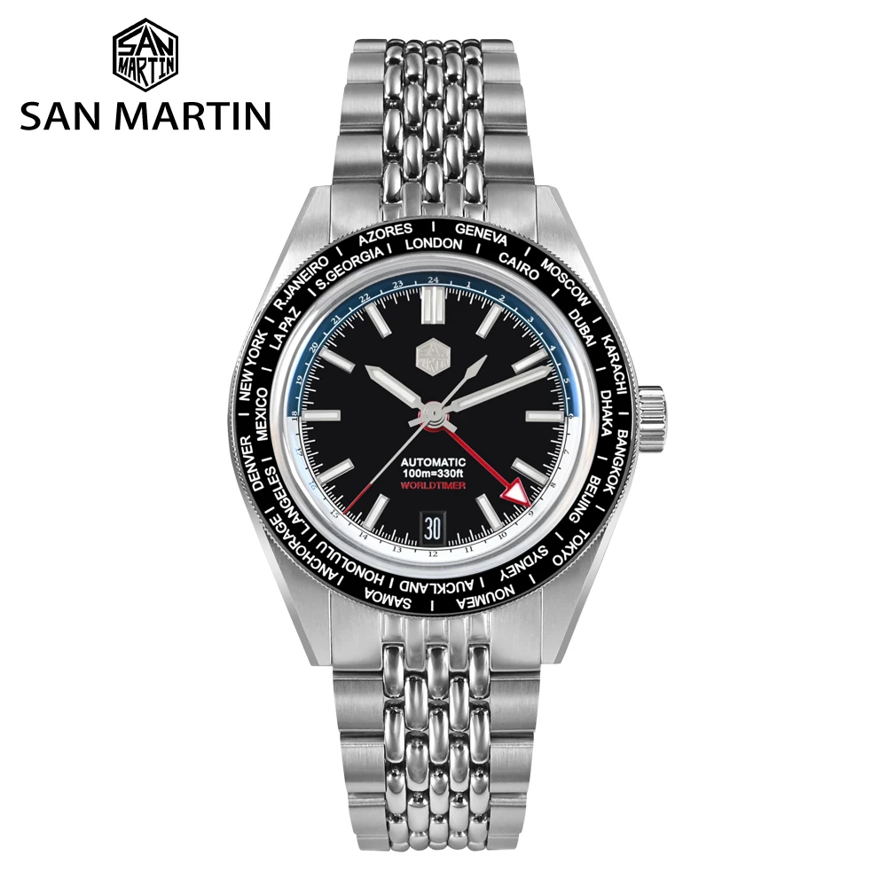 San Martin 39.5mm NH34 World Timer Watch Original Design Fashion Travel Style Rice Bracelet Automatic Mechanical 10 ATM Reloj