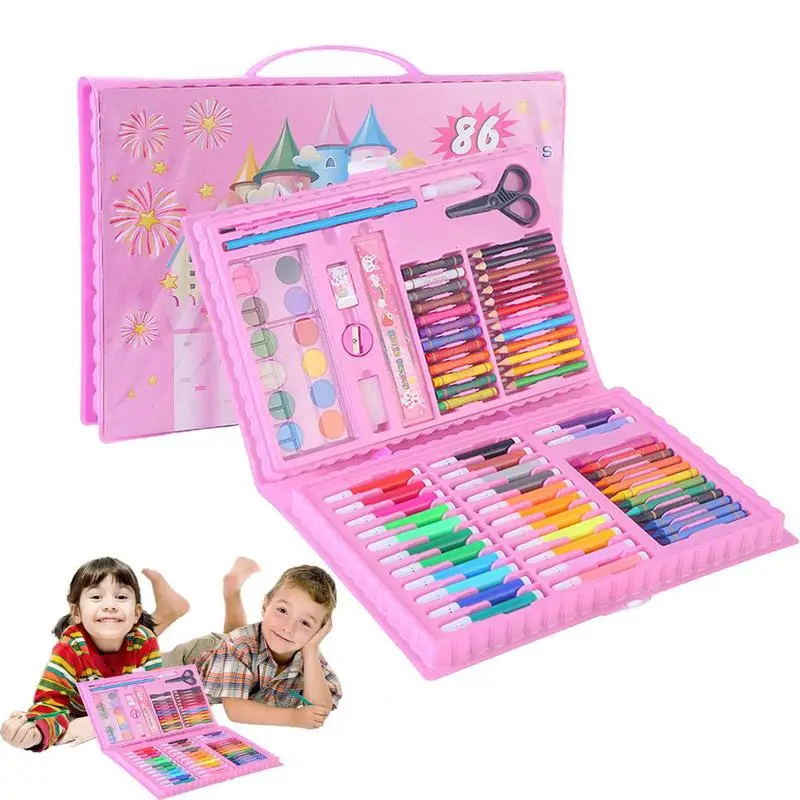

86 шт. двухсторонний тройной мольберт для детей, набор для рисования 6-12, художественная коробка с масляной пастелью, мелки, цветные карандаши, маркеры для боли