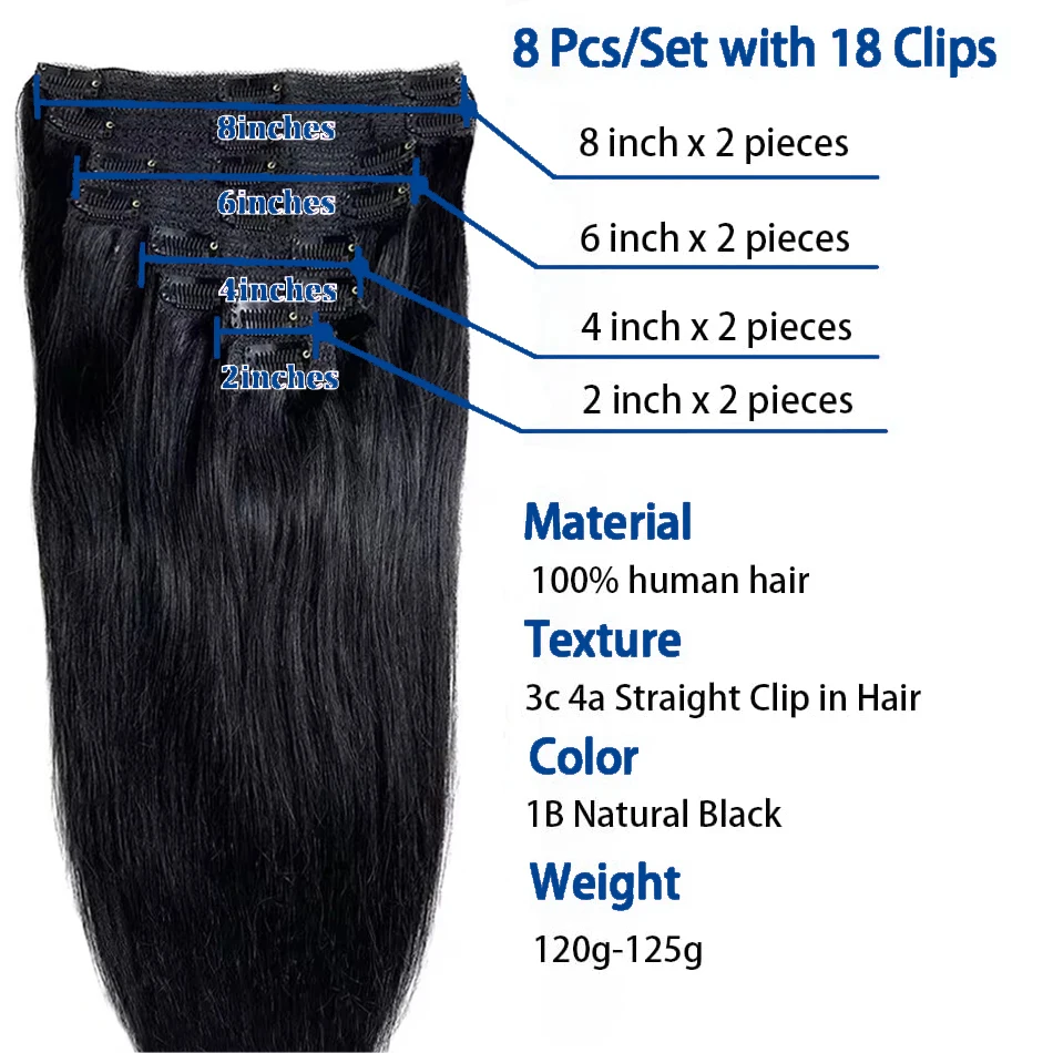 Straight Clip In Human Hair Extensions Natural Black 100% Unprocessed Full Head Brazilian Virgin Hair Seamless Clip In Extension