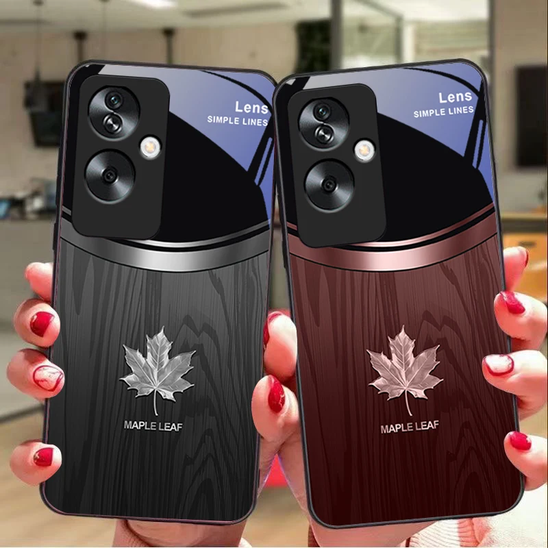 Wood Grain Maple Leaf Tempered Glass Black Phone Case