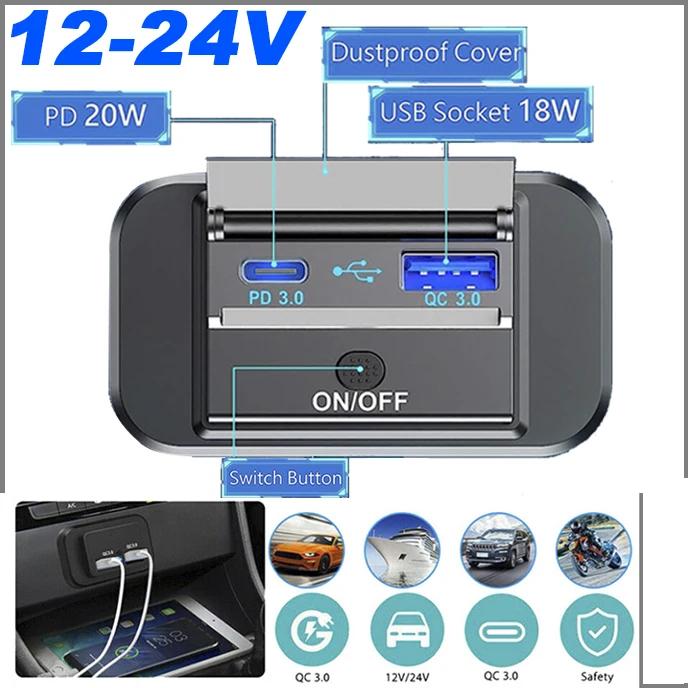 12V 24V Auto ladeger t Steckdose PD Typ C Dual USB Anschl sse mit staub 12v-24v-auto-ladeger-t-steckdose-pd-typ-c-dual-usb-anschl-sse-mit-staub