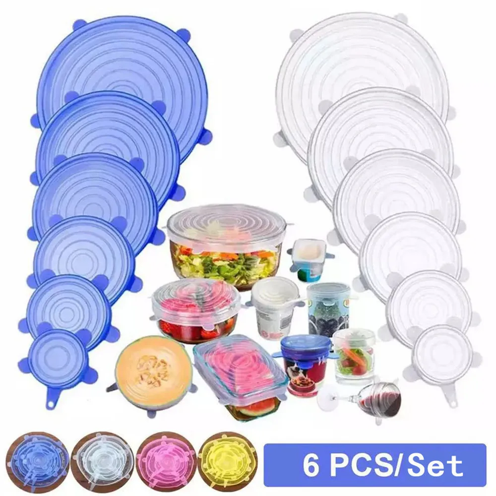 Silicone Cover Stretch Lids Durable Reusable Universal 6 Pack Flexible Silicone Can Covers for Leftovers Keep Food Fresh Jars