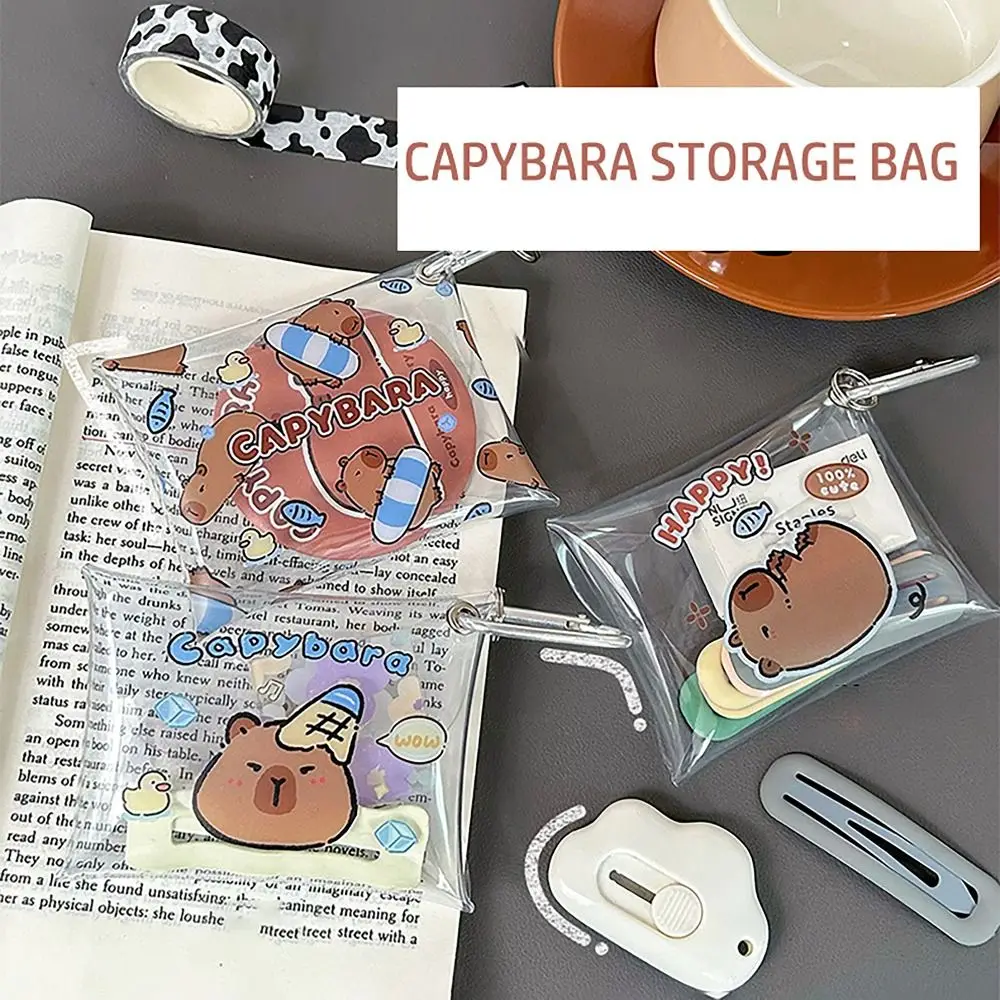 Capybara Coin Wallet Cute Cartoon Anime with Carabiner Earphone Storage Bags Transparent Mini Wallet for Student Girls