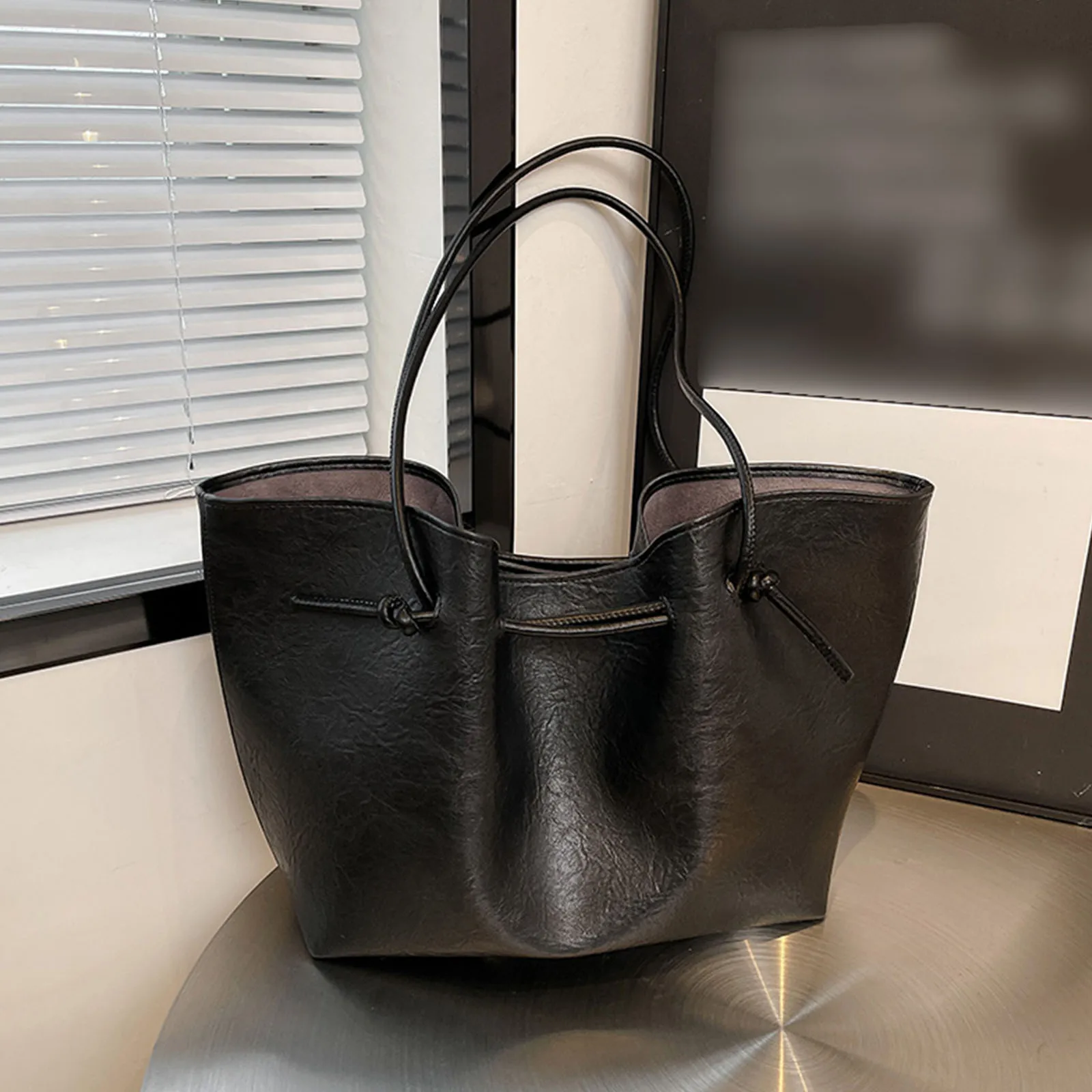 Women PU Leather Shoulder Bag Large Handbag Drawstring Commuter Bag for Work Shopping Travel Daily