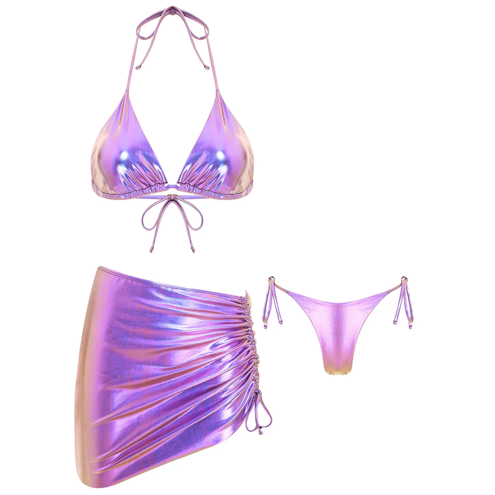 Womens Metallic Shiny Bikini Swimsuit 3 Pieces Swimwear Halter Triangle Cup Bra Tops T-back Thong And Ruched Drawstring Skirt