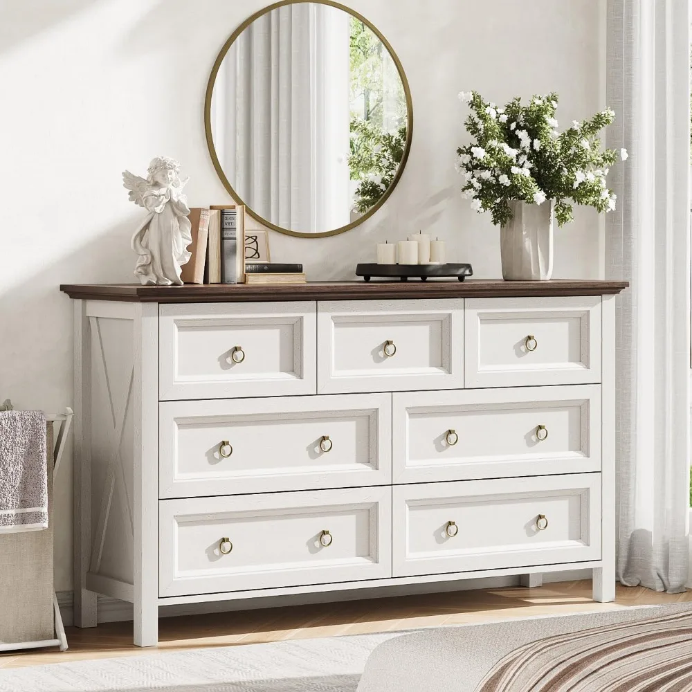 54'' Farmhouse 7 Drawer Dresser for Bedroom, Rustic White Dresser with Barn-Door Design, Spacious Tabletop & Round Brass Handles 3