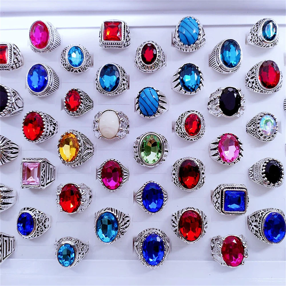 

10Pcs/Lot Mix Fashion Ring Vintage Bohemia Multicolor Gemstone Metal Silver Plated Rings For Women Men Jewelry Gifts