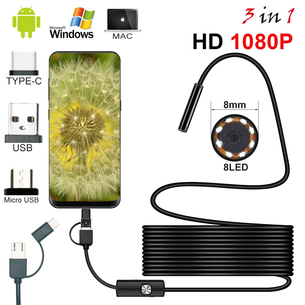 7.0MM TYPE-C Endoscope Camera IP67 Waterproof 6 LEDs Adjustable USB Android Flexible Inspection Borescope Cameras for Phone PC 2