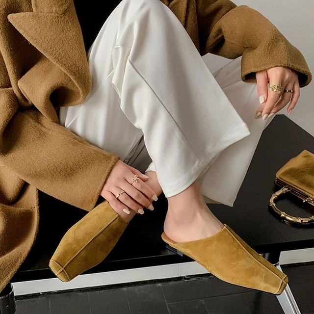 NEW Summer Women Mules Sheep Suede Leather Shoes for Women Cover Toe Slingback Shoes Square Toe Slippers Handmade Modern Sandals