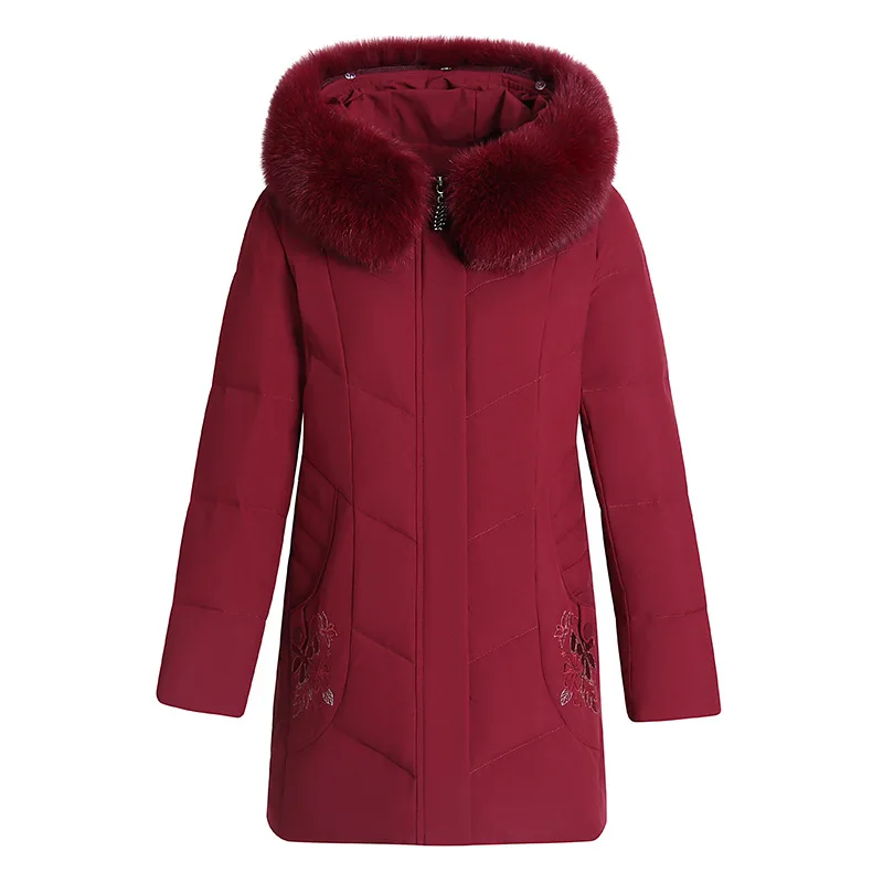 Real Fox Fur Collar White Duck Down Down Jacket Women's Mid-length 2021 Winter Dress Loose Middle-aged and Elderly Embroidered