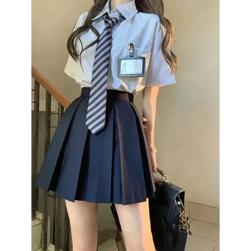Japanese Style Striped Short Sleeved Jk Uniform Tie Women Summer Korean Chic Sailor Uniform Shirt Skirt School Clothes