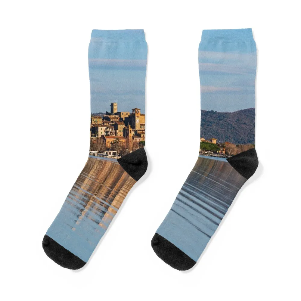 

Passignano sul Trasimeno in evening light, Lago Trasimeno, Umbria, Italy Socks Men's Christmas Socks Men's Women's