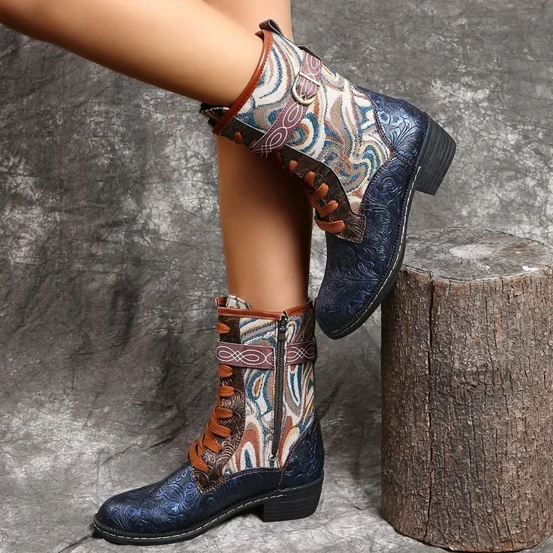 Women's Winter Boots Embossed Splicing Pattern Mid Calf Boots Ethnic Non-slip Lace-up Warm Plush Women Shoes Flats Short Boots