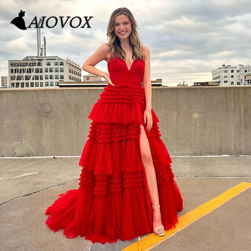 AIOVOX Prom Dress Spaghetti Straps V-neck Tiered Ruffles Evening Ball Gown Ruched Tulle Floor-length Vestido De Noche for Women