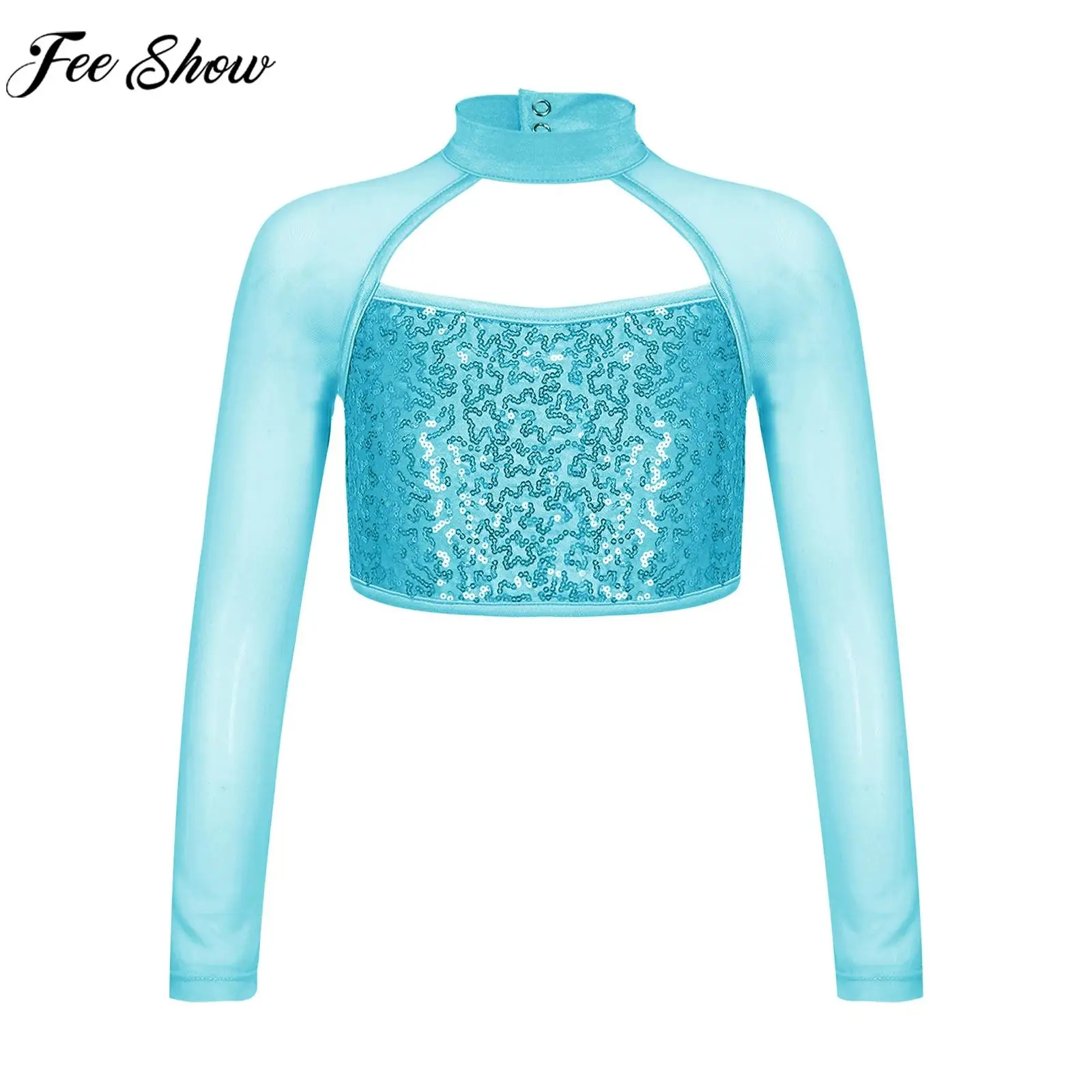 

Kids Girls Hip Hop Jazz Street Dance Performance Costume Long Sleeve Hollow Shiny Sequins Mesh Crop Tops Dancewear Sportswear