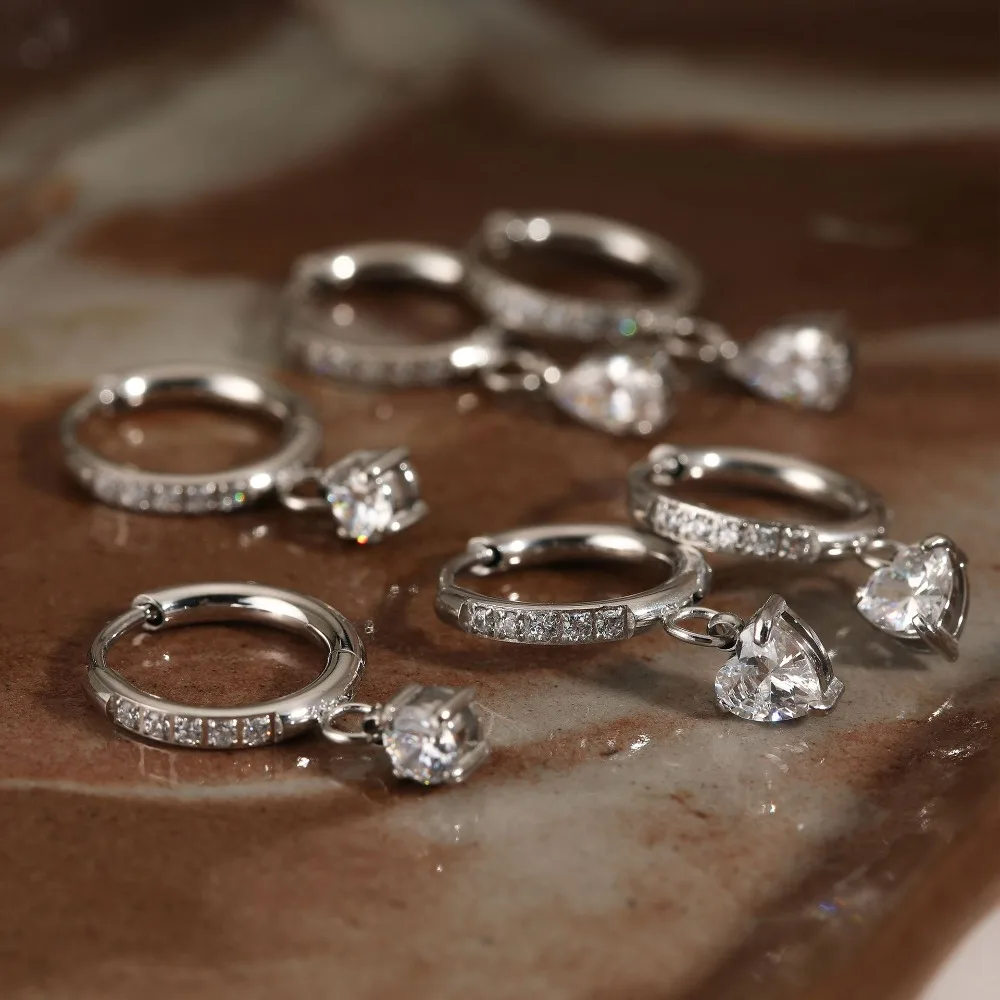 316l Stainless Steel Circle Round Hoop Earrings Heart Waterdrop Crystal Pendant Sparkling Zircon Huggie Earring Classic Jewelry