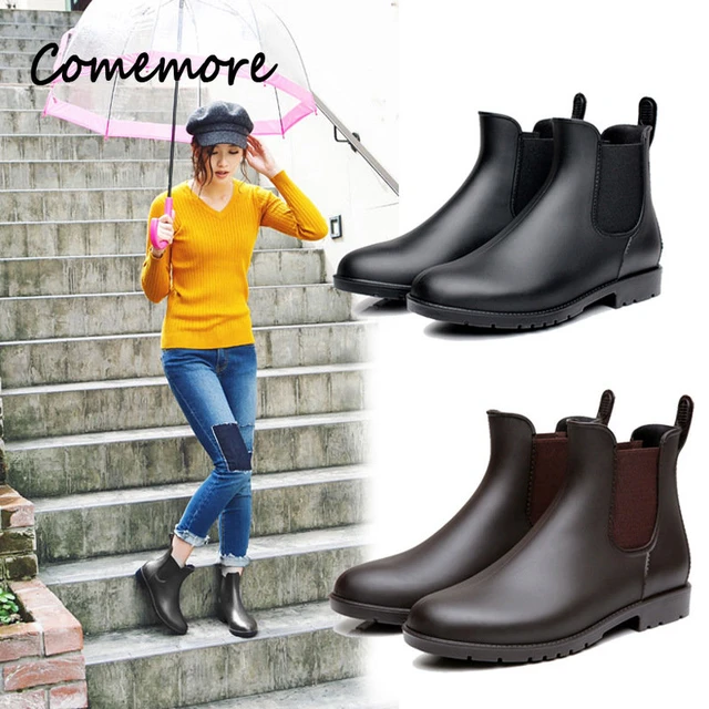 Comemore New Chelsea Fashion Female Short Rain Boots Anti-slip Water Shoes  Waterproof Women's Rubber Shoe