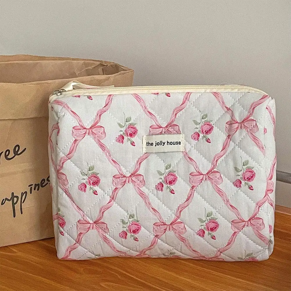 Women Cute Bow Flower Zipper Quilting Cotton Makeup Bag