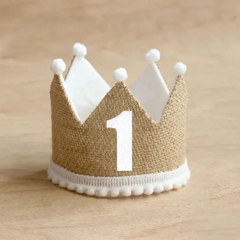 Party Hat Birthday Crown Burlap Crown Baby Birthday Party Hat 1/2 1 2 3 4 5 6 7 8 9 Year Baby Boy Girl Linen Headband 100 Year Adult Anniversary Cap
